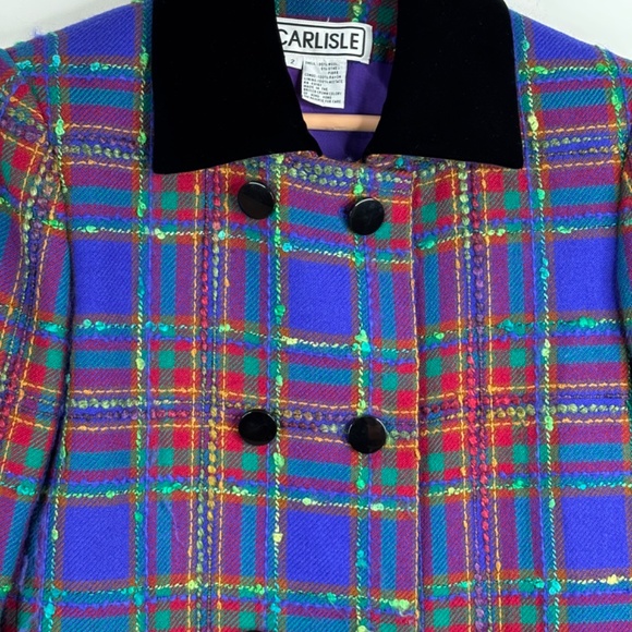 VTG Carlisle Wool Plaid Pea Coat 2 Double Breasted Velvet Old Money Retro Twee - Picture 3 of 13